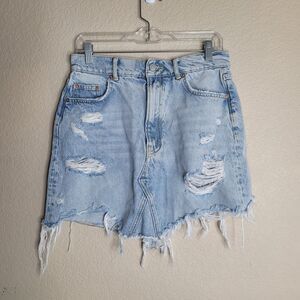 Anthropologie Pilcro Aline Denim Skirt Sz 8 Blue Distressed Pockets 100% Cotton